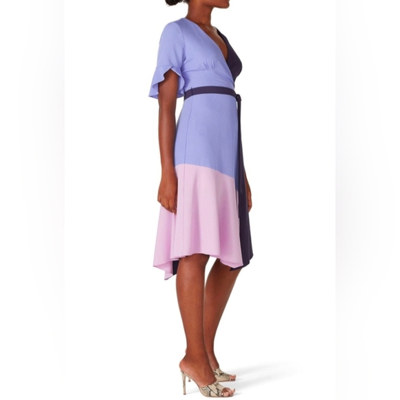Antropologie Hutch V Neck Color Block Flutter Sleeve Wrap Dress Blue/Lilac Sz M - Picture 8 of 12